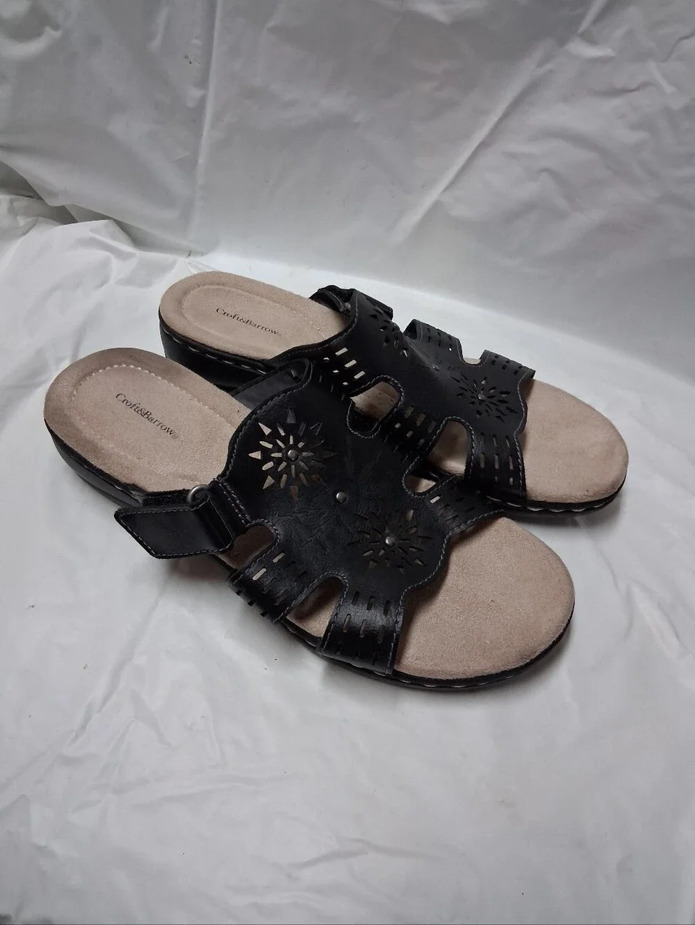 Croft & Barrow Black Laser-Cut Leather Slide Sandals Size 8.5 NWOT
